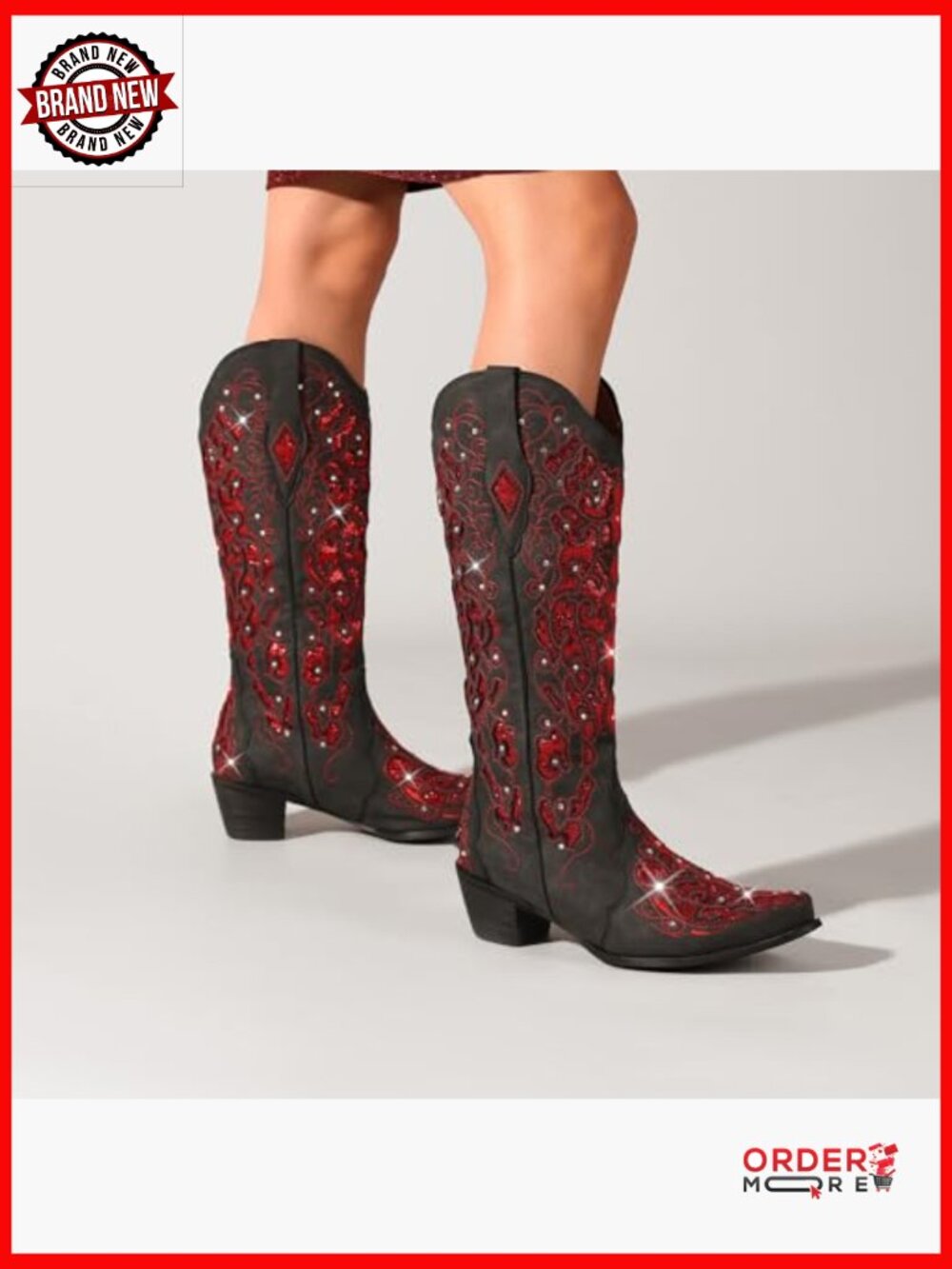 Mid Calf Cowboy Boots Rhinestone Glitter Chunky Heel Western Boots - Picture 3 of 6
